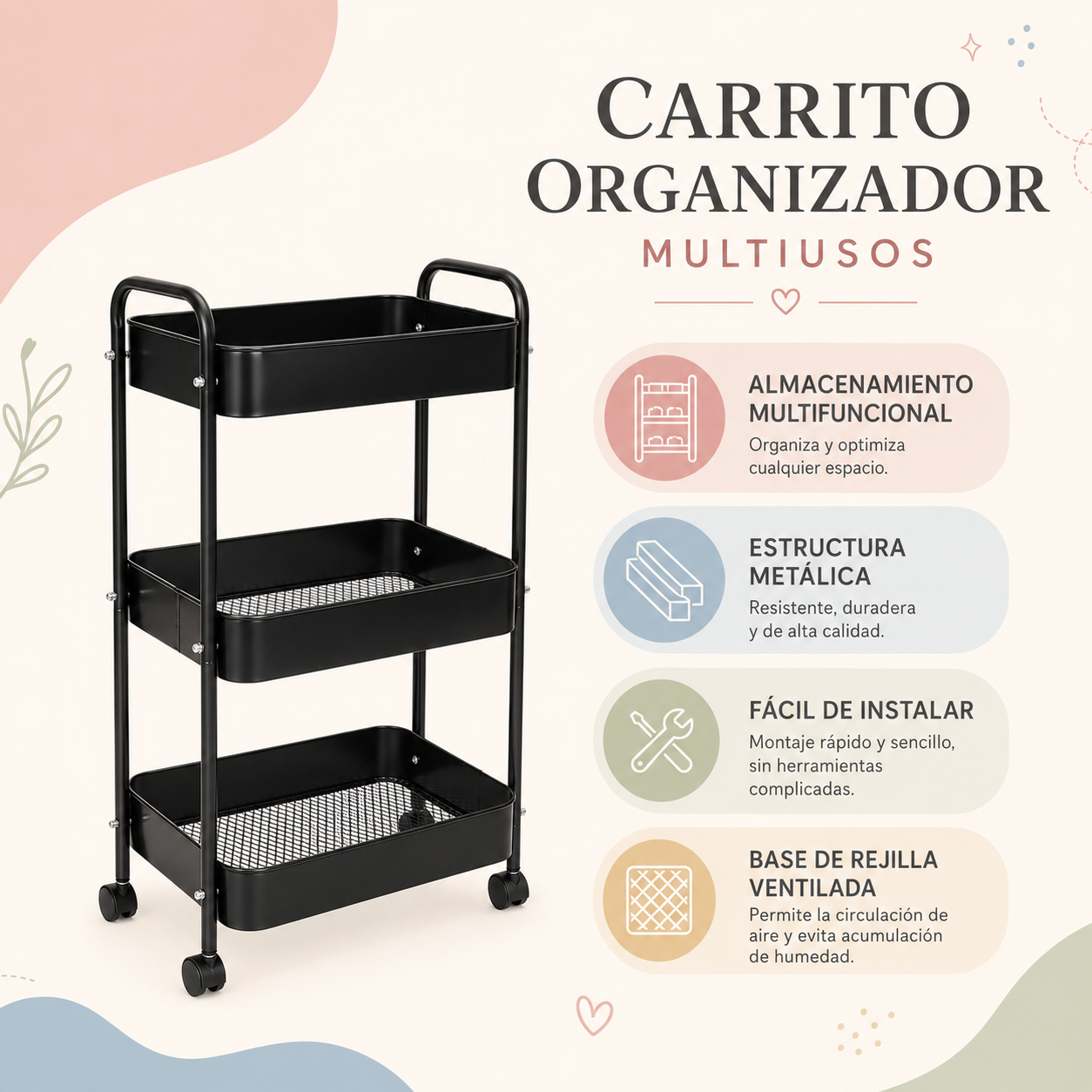 Carrito Organizador Metálico Infantil de 3 Niveles 🧸
